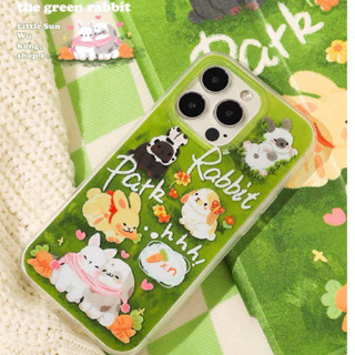 Garden pets cat dog bunny เคสไอโฟนนิ่มลายน้องหมาน้องแมว น้องกระต่ายสีเขียว