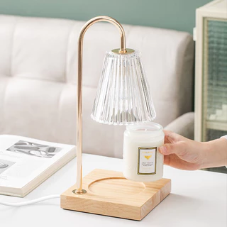 [แพคเกจกล่องของขวัญ] โคมไฟอุ่นเทียน Candle Warmer ตั้งเวลา หรี่แสง ขาไม้, โป๊ะโคมแก้ว พร้อมหลอดไฟฟรี 1 หลอด