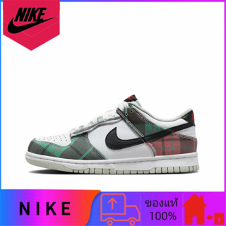 Nike Dunk Low Plaid ของแท้ 100% กันลื่นสวมใส่สบายทนต่อทุกการแข่งขันรองเท้าผ้าใบต่ำด้านบนสีขาวสีเขียว