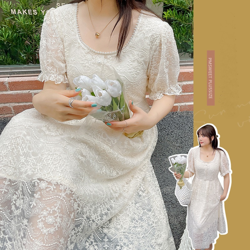 [ อกถึง 50" ] : PMP2158 : พรีออเดอร์ เสื้อผ้าไซส์ใหญ่ คนอ้วน สาวอวบ เดรสลูกไม้ ฉลุลาย ชุดเดรสไปงาน