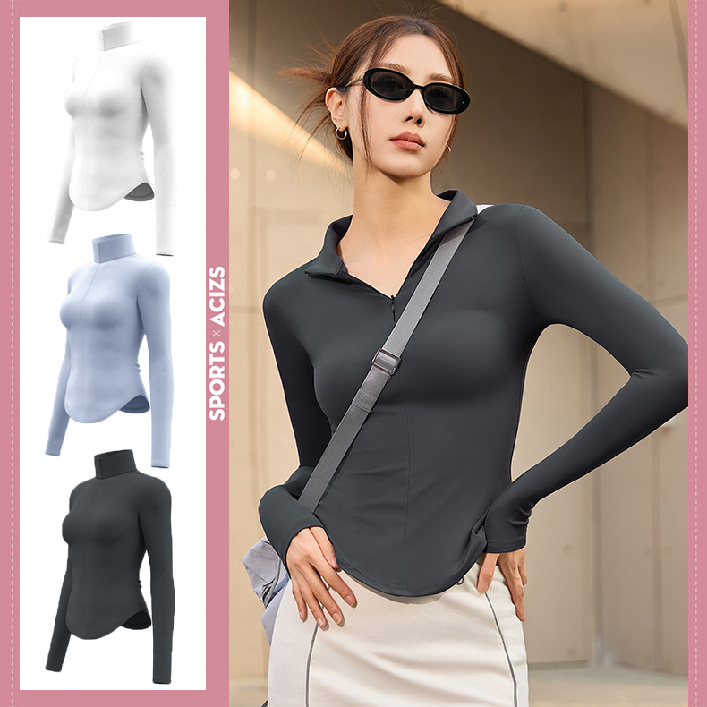 mvp sport เสื้อกีฬากันแดด เสื้อแขนยาวซิปครึ่ง เสื้อโยคะทรงเข้ารูป
