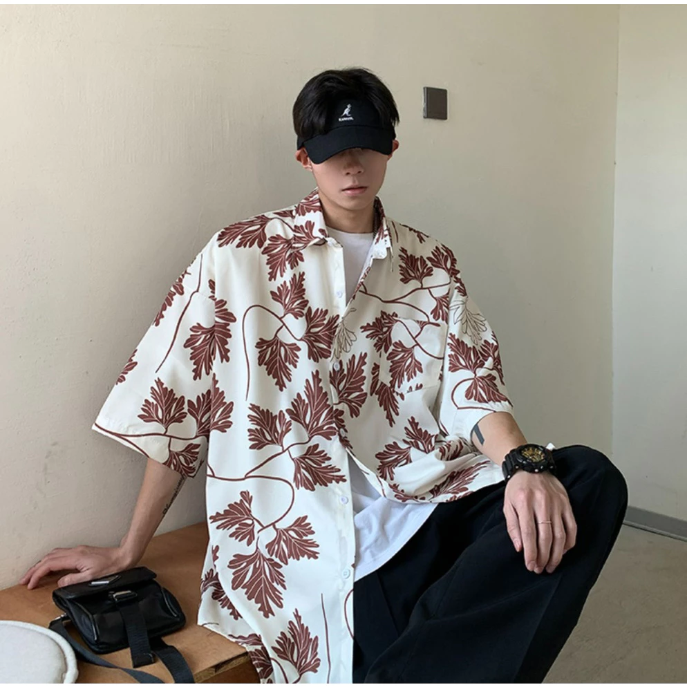 เสื้อเชิ้ตแขนสั้น สไตล์เกาหลี ลายดอกสีแดง ยูนิเซ็กส์ thumbnail 5