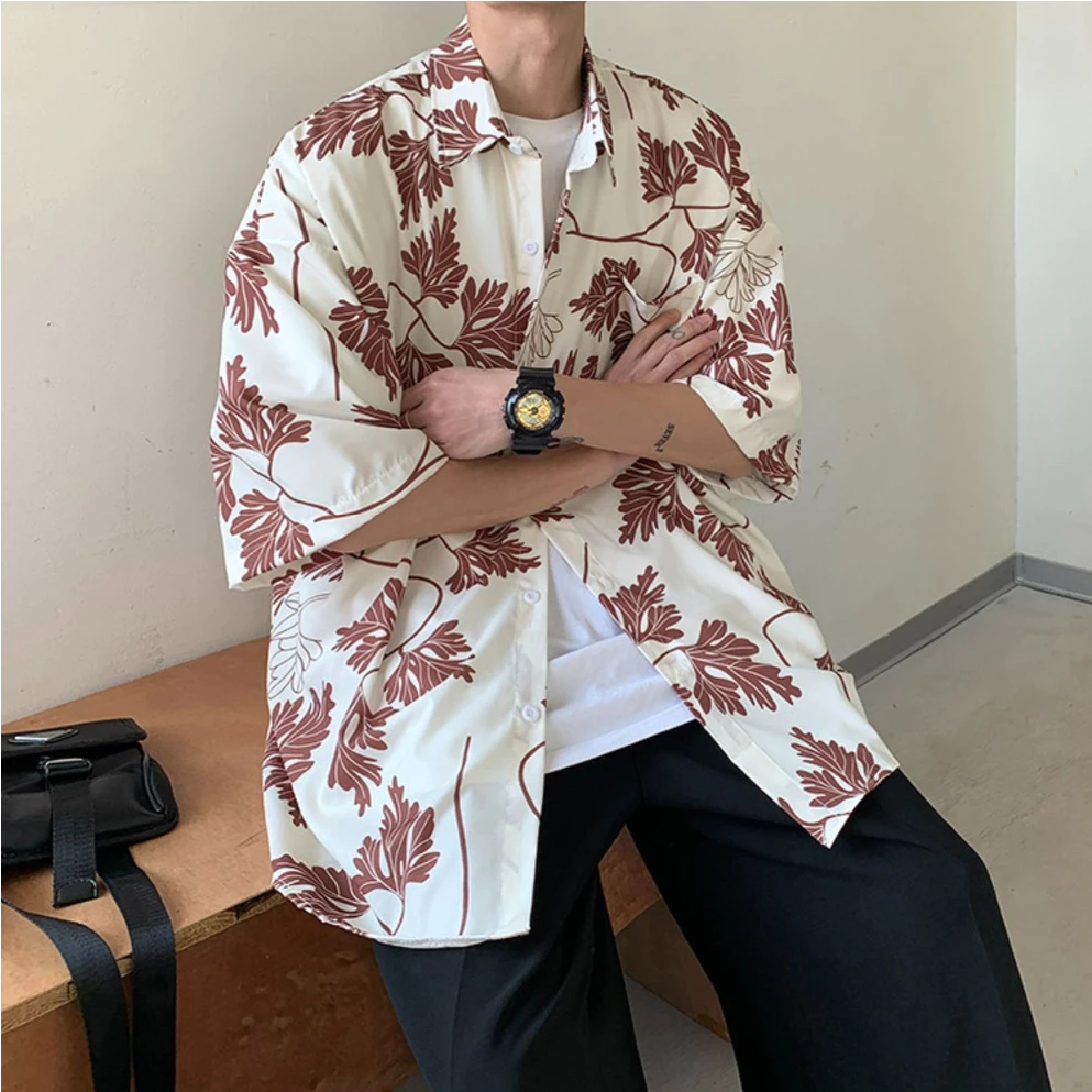 เสื้อเชิ้ตแขนสั้น สไตล์เกาหลี ลายดอกสีแดง ยูนิเซ็กส์ thumbnail 7