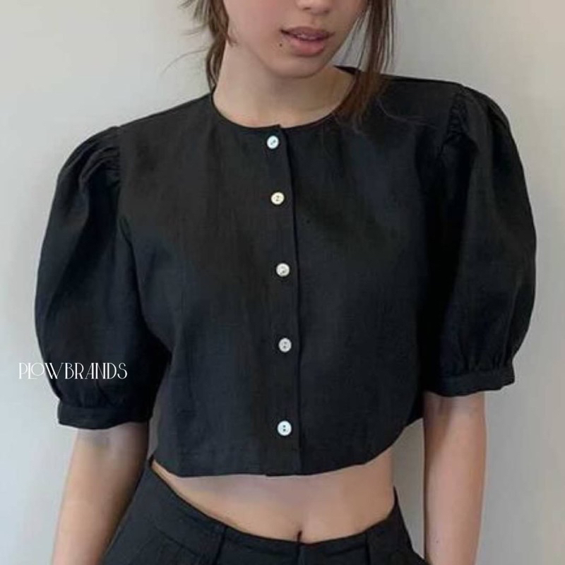 PLOWBRANDS-เสื้อตัวสั้น แขนพอง คอกลม กระดุมหน้า TC0001 เสื้อลินินแท้ แขนตุ๊กตา