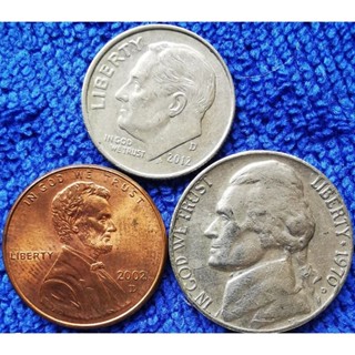 เหรียญ​หมุนเวียน​ สหรัฐอเมริกา​ USA, ชุด​ 1​ Cent,1​ Dime, 5​ Cent, ใช้แล้ว, #​026T