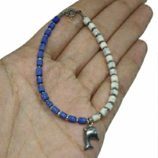 กำไลข้อมือ สร้อยข้อมือ หินลาพิสลาซูลี่ หินฮาวไลท์ เงินแท้ จี้ปลาโลมา Lapis, Howlite Sterling Silver Bracelet Dolphin