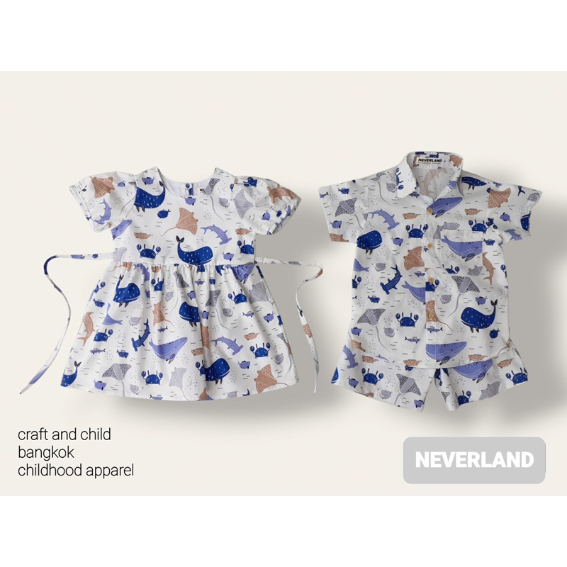 NEVERLAND ชุดคู่ลูกสาว & ลูกชาย (ไม่รวมหมวก) ลายปลาวาฬ สีขาว ผ้า Cotton 100%