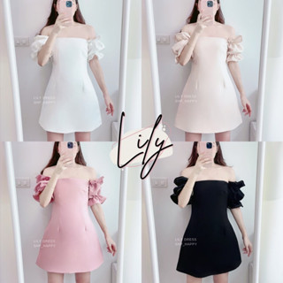 LILY DRESS - SHP_HAPPY ลดเหลือ 405 ใส่โค้ด SHPHPY9 มินิเดรสเปิดไหล่แต่งระบายช่วงแขนและเดินด้ายสีตัดที่แขน