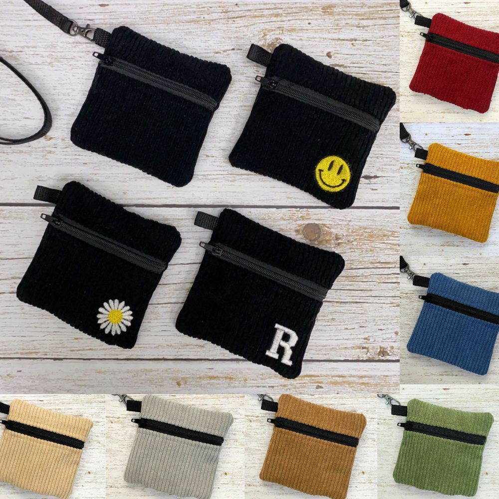 🔥พร้อมส่ง มี 8 สี🔥กระเป๋าผ้าลูกฟูก ใส่เหรียญ airpod คล้องคอ mini⚡️ปักลาย ปักชื่อ ฟรี! ⚡️แถมสายคล้องค