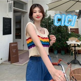 Cici(NO.T2131)เสื้อกล้าม ผ้าไหมพรมคอเหลี่ยม ลายทางสีรุ้งผ้านิ่ม