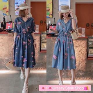 PW643💐 เดรสผ้าคอตตอนสียีนส์ พิมพ์ลายดอกไม้