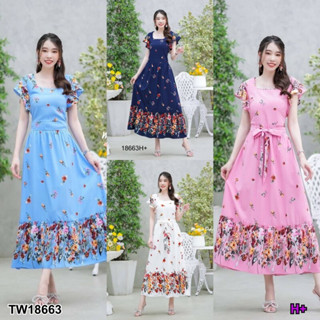 TT18663 Maxi dress ลายดอกเชิงทรงคอเหลี่ยม แขนระบาย .Maxi dress with floral pattern, square neckline, ruffled sleeves..