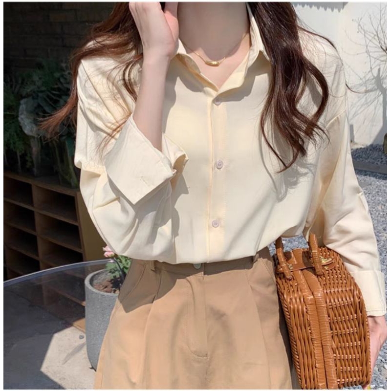 KT01เสื้อเชิ้ตผู้หญิง สีครีมเหลืองอ่อน เสื้อเชิ้ตคอปกแขนยาวมาตรฐานเนื้อผ้าไหมอิตาลี ใส่ไม่ร้อน ทรงสวย รีดง่าย ยับยาก