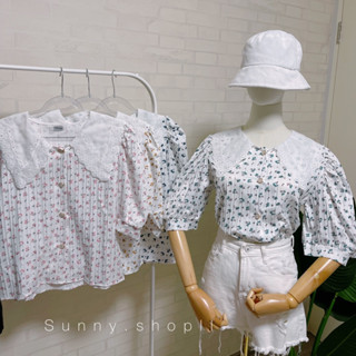 🔆Sunny🔆เสื้อปกลูกไม้สกรีนลายดอกไม้🌷ผ้าพลีทร่อง เสื้อปกบัวแขนตุ๊กตา