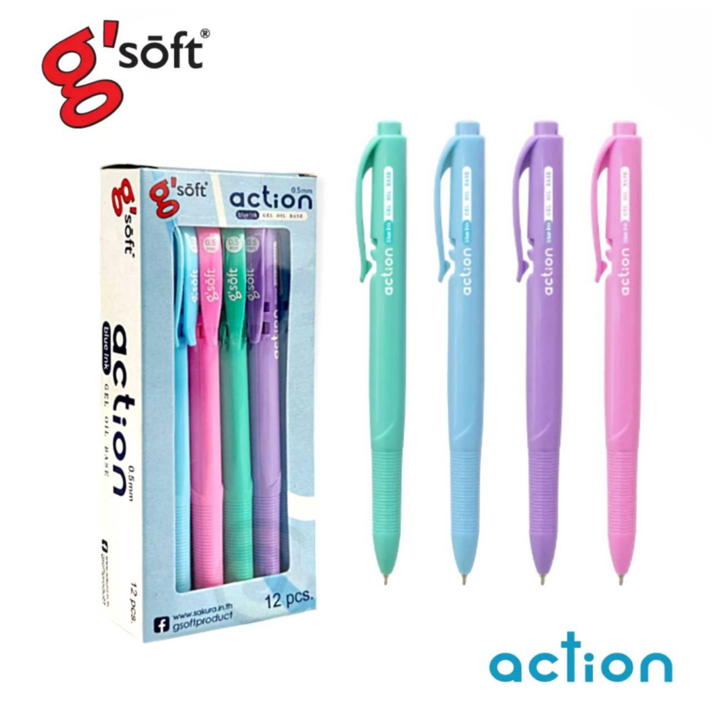 ปากกา g'soft ปากกาลูกลื่นเจล ชนิดกด รุ่น Action ขนาด 0.5mm. หมึกน้ำเงิน ด้ามสีพาสเทล บรรจุ 12ด้าม/กล่อง พร้อมส่ง