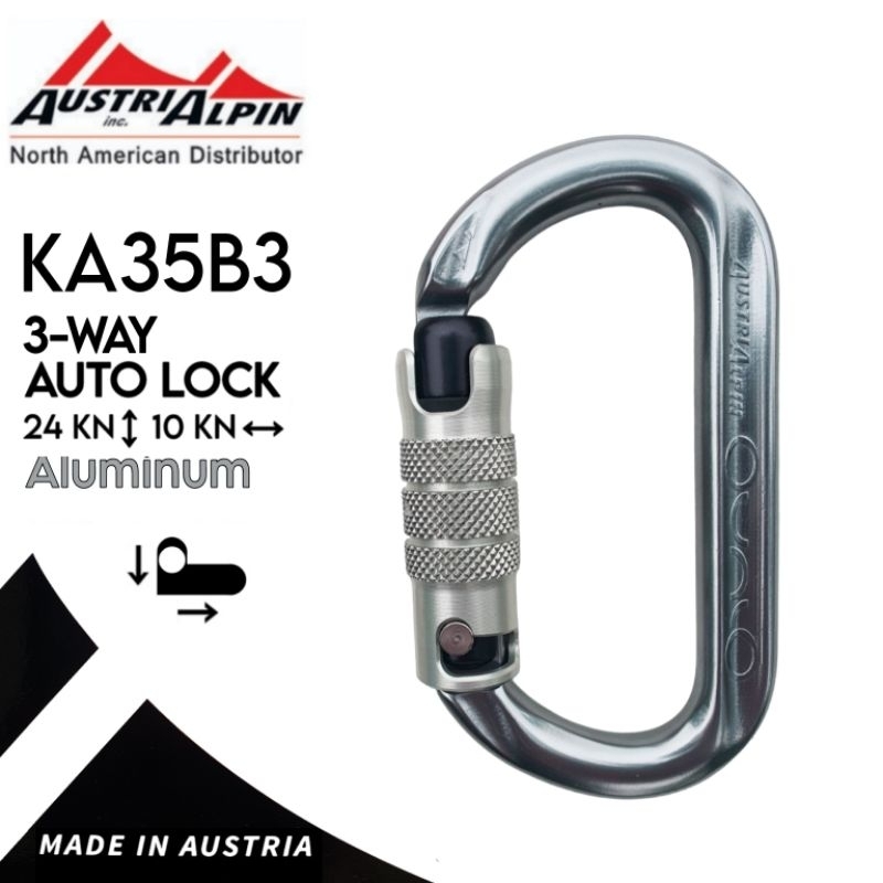 คาราบิเนอร์ AUSTRIALPIN ของแท้ รุ่น ALUMINUM เคลือบสี ระบบ 3-WAY AUTOLOCK รับน้ำหนัก 24KNแนวตรง 10KNแนวขวาง ผลิต AUSTRIA