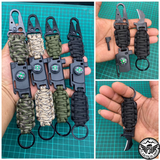 พวงกุญแจถักเชือกparacord 4mm.ตะขอโลหะ อย่างดี แข็งแรงทนทาน ความยาว23cm.มีใบมีด นกหวีด แท่งแมกนีเซียมจุดไฟ เข็มทิศ