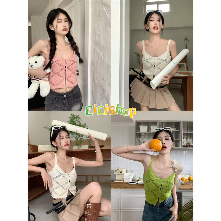 Cicishop(SALE 1543)เสื้อสายเดี่ยว ทรงครอปสีพื้น ดีเทลกระดุมแหวกหน้า ผ้าใส่สบาย