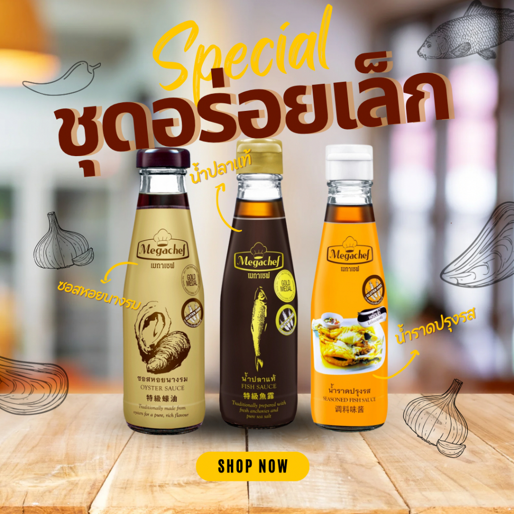 [ชุดอร่อยเล็ก 3 ขวด] Megachef ซอสหอยนางรม(240 g. 1 ขวด) + น้ำปลา(200 ml. 1 ขวด) + น้ำราดปรุงรส(200 ml. 1 ขวด)