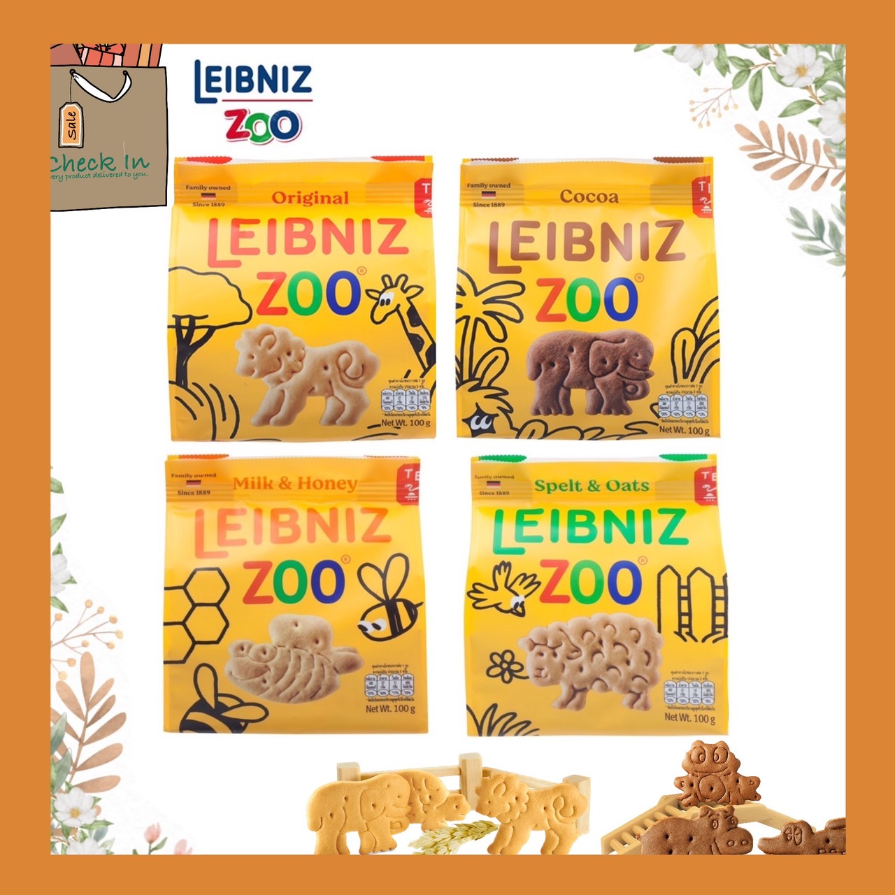 Leibniz zoo 4 แบบ Original butter biscuits, Cocoa Jungle, Milk&Honey, Spelt&Oat คุกกี้รูปสัตว์ เสริมสร้างจินตนาการ 100 g