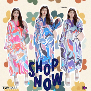 SS13566 เดรสยาว คอวายลาย กราฟฟิก Long dress with graphic print