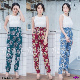 B4332 Set เสื้อคอปแขนกุด+ กางเกงเอวระบายลายดอก Set: sleeveless top + ruffled pants