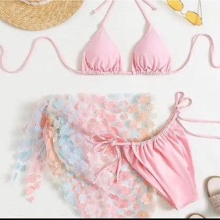 Bikini SET 3 ชิ้น (สีชมพูหวานๆ) ผ้าคลุมบิกินี่ดอกไม้ สายหวานไม่ควรพลาด พร้อมส่งในไทย