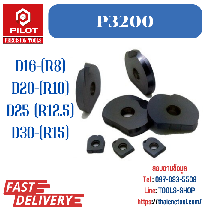 PILOT BALLNOSE INSERT P3200-HF300 D16-(R8),D20-(R10),D25-(R12.5),D30-(R15)