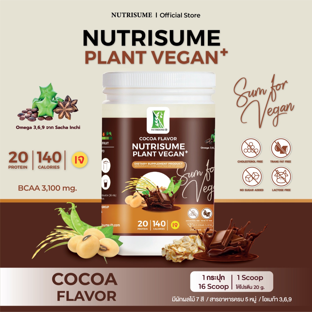 Nutrisume Plant Vegan Plus Cocoa Flavor ผลิตภัณฑ์เสริมอาหาร นิวทริซัม แพลนท์ วีแกน พลัส รสโกโก้