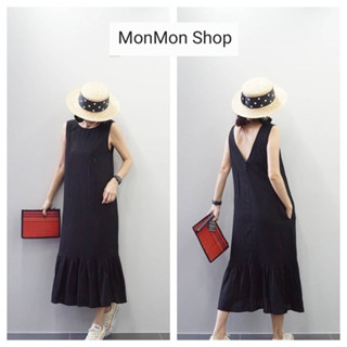 MONMONSHOP👗MON6772～ เดรสแฟชั่นผ้าฝ้ายผสมลินิน ชายระบาย ด้านหลังเป็นคอวี มีกระดุมปั๊ม มีกระเป๋าด้านข้าง ทรงสวยเนื้อผ้าใส่