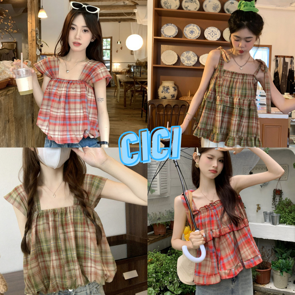 ส่งทันที Cici(SALE. 6820/6082)สายเดี่ยวลายสก็อต ดีเทลยางยืดรอบอก สายสามารถมัดได้ตามสไตล์