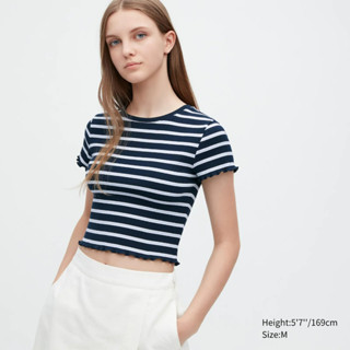 UNIQLO ของแท้ เสื้อยืด แขนสั้น มีระบาย ทรงครอป ผ้าลายนูน (Ribbed) ลายทาง