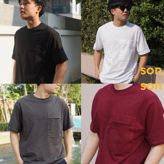 Sonson-เสื้อยืดแขนสั้น มีกระเป๋าด้านหน้า ผ้าคอตต้อนใส่สบาย ใส่ไปเที่ยว เท่ๆ มี4สี