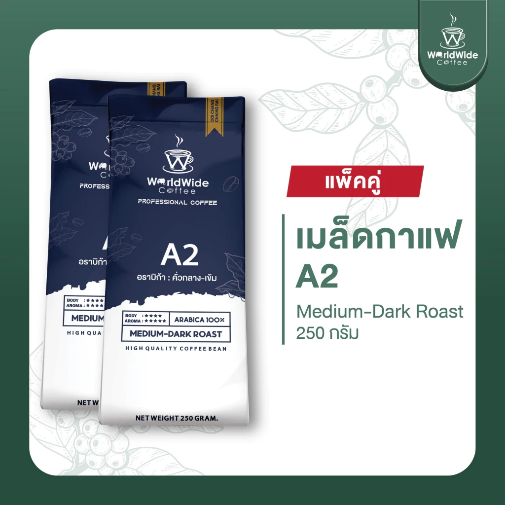 [สินค้าแพ็คคู่2ถุง] เมล็ดกาแฟดอยช้าง ARABICA100% สูตรคั่วกลาง-เข้ม A2 ให้ความหอม เข้มข้น 250 g.