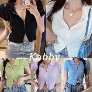 พร้อมส่ง💗เสื้อคอปกแขนสั้นไหมพรม ซิปรูดได้ทั้งบนและล่าง​