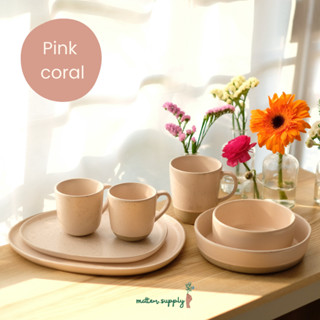 Pink coral mug, plate, bowl, low bowl เซรามิค จาน ชาม เเก้ว มัค ชามเตี้ย คาเฟ่ เข้า ไมโครเวฟ เครื่องเวฟ ได้