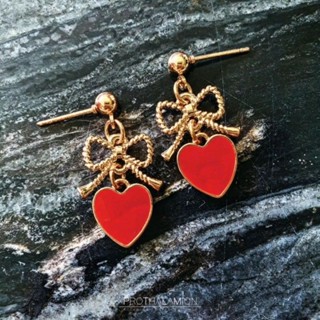 Red Heart Gold Ribbon Cute Earrings ต่างหู ตุ้มหู หัวใจ สีแดง โบว์ ทอง น่ารัก