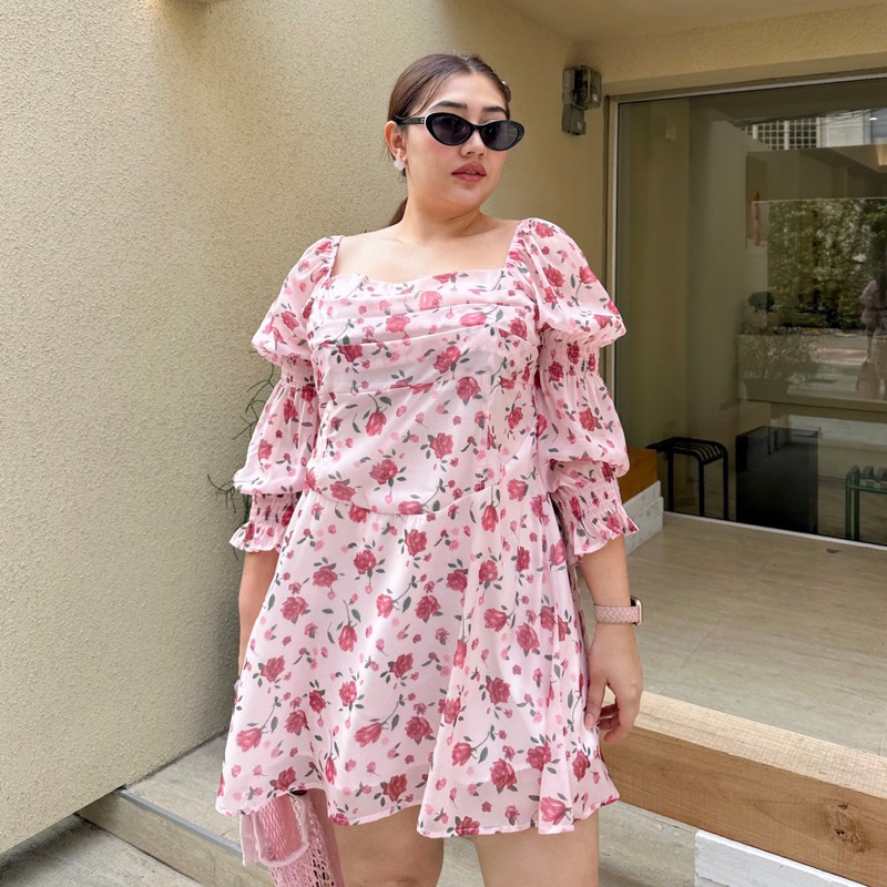 เดรสผ้าชีฟองสาวอวบ สีชมพู LADYM