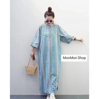 ~MONMONSHOP👗MON6792~ เดรสผ้าบล็อคคอตตอนอินเดีย ดีไซน์คอจีนกระดุมบน แพทเทิร์นทรงA ผ่าข้างช่วงชาย มีกระเป๋าล้วง