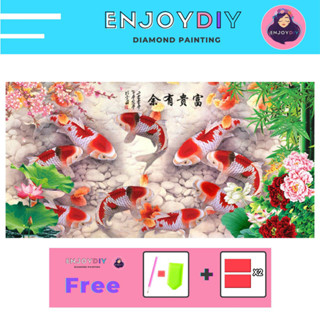 รูปปลาคาร์ปดอกมงคล ครอสติสคริสตัล 5d diy diamond painting แบบเม็ด ติดเต็ม เม็ดกลม พร้อมส่งจากไทย EnjoyDIY