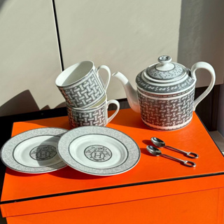 Hermes New Silver Mosaic Series Light Luxury Bone Porcelain One Pot, Two Cups, Plate Spoon Set, Gift Box