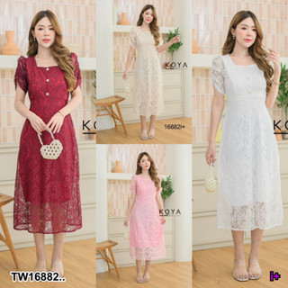 J16882 เดรสคอเหลี่ยม แขนดึงยางสม็อค อกหน้าแต่งกระดุม square neck dress front chest decorated with buttons