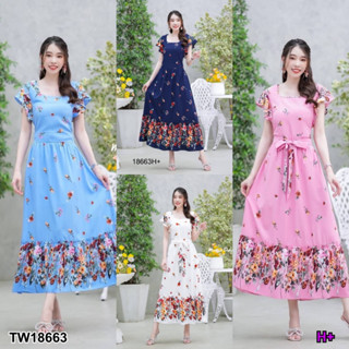 18663 Maxi dress ลายดอกเชิง ทรงคอเหลี่ยม แขนระบาย Maxi dress with floral print, square neckline, ruffled sleeves