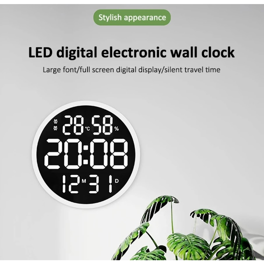 12นิ้ว Digital Led Wall Clock นาฬิกาปลุกปฏิทินสมาร์ทความสว่างความชื้นและอุณหภูมิเครื่องวัดอุณหภูมิโมเดิร์นการตกแต่งบ้าน
