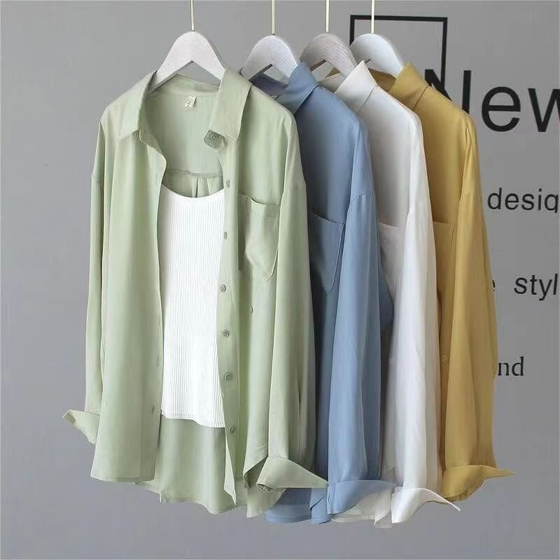 New SMDBKW01 เสื้อเชิ้ตคอปกแขนยาวผู้หญิงสีทึบเรียบง่ายทํางาน oversize เสื้อคลุมกันแดดเนื้อบางเบาแฟชั่นเกาหลี
