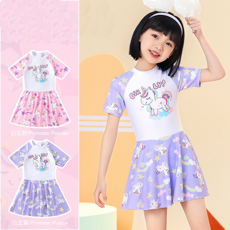 FUFU SHOP ชุดว่ายน้ำใหม่2024 สำหรับเด็กโต110-140 cm พิมพ์ลายยูนิคอร์น สีหวานใส่สบาย