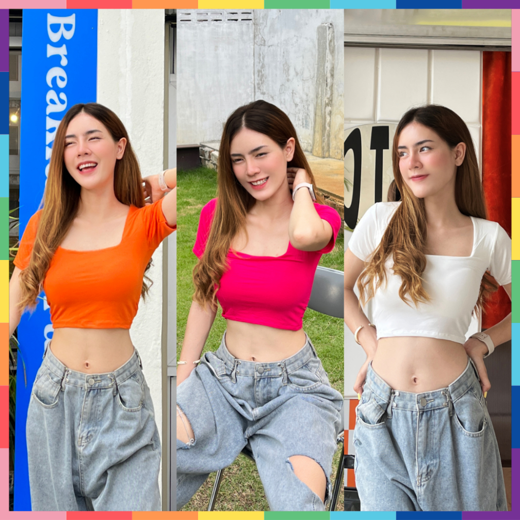 🌈SpinnyHouse🌈 เสื้อครอป ครอปคอเหลี่ยม เสื้อสายฝอแขนสั้น ครอปท็อปBASIC 🥰 ครอปแขนสั้น 193 M304A