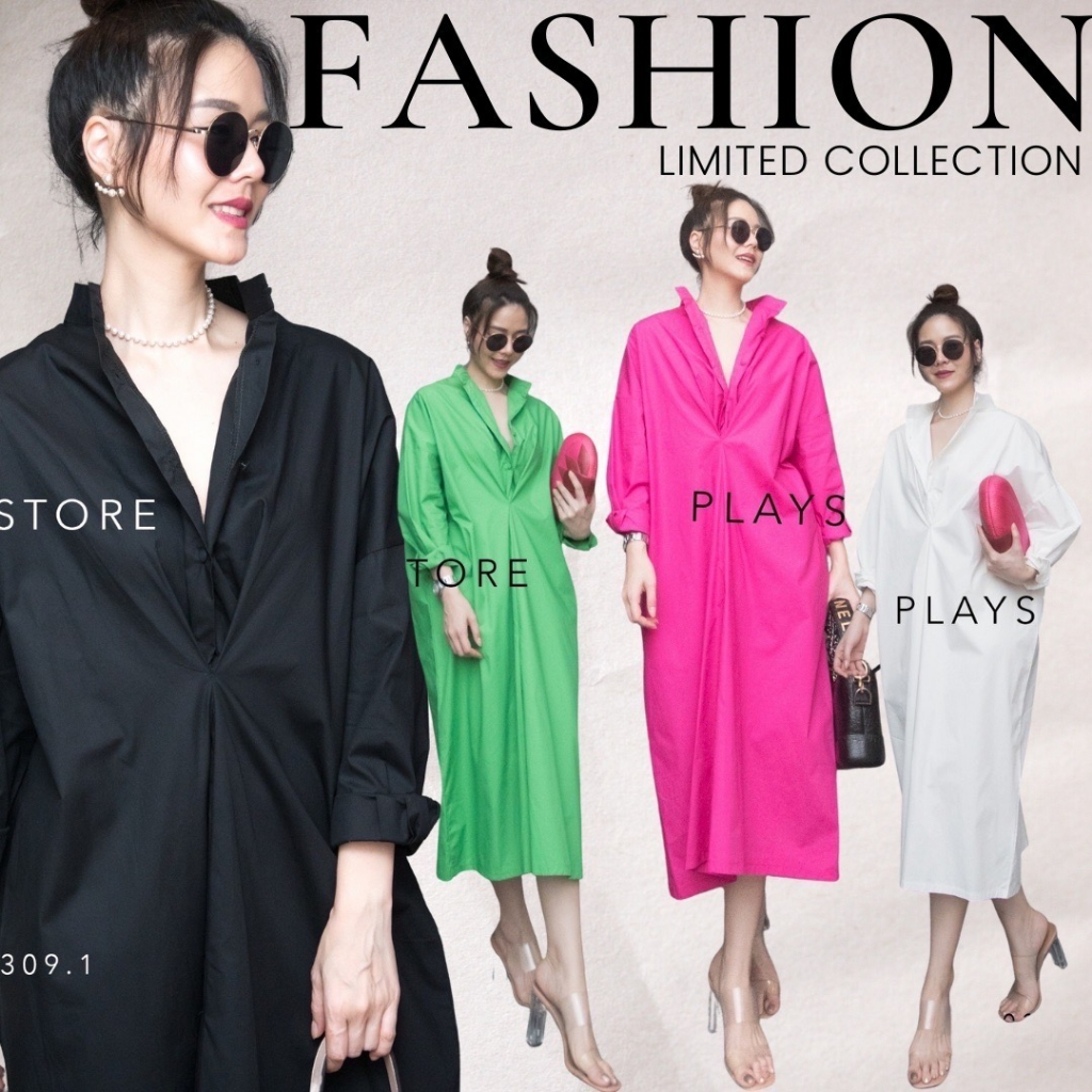 🔖Mirrorsister 10309.1 เดรสเชิ้ตคอจีนแขนยาวทรงเก๋ แต่ง Drap ขยุ้มรูปx ตรงกลางลำตัวทั้งด้านหน้าและด้านหลัง