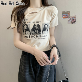 RUO BEI XUAN เสื้อยืดผู้หญิง ใหม่ เข้ารูป เสื้อยืดแขนสั้น เสื้อผู้หญิง