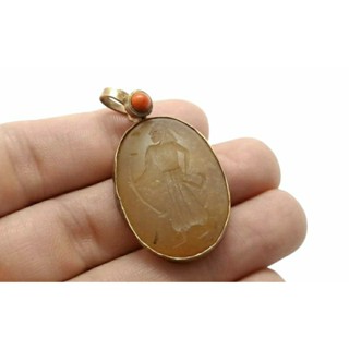 จี้หินอาเกต จี้หินแท้ จี้หินธรรมชาติ ประดับด้วย หินปะการัง Natural Agate Roman Intaglio Engraved Stamp Pendant